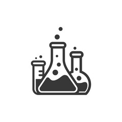 Laboratory beakers icon. Сhemical experiment in flasks. Сhemistry and biology symbol. Flasks vector illustration. Science technology. Isolated black object on white background.