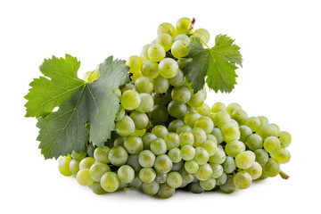 Fresh ripe white grapes cluster with leaves isolated on a white