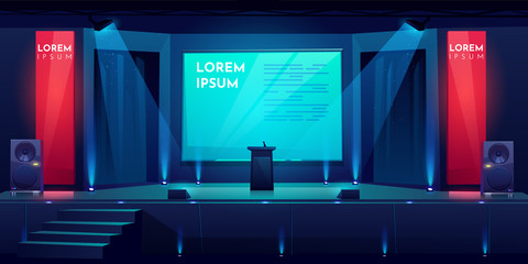 Conference hall, stage for presentation, empty dark scene interior with tribune, microphone, glowing spotlights illumination, huge screen and acoustic dynamics by sides, Cartoon vector illustration