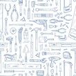 Monochrome seamless pattern with manual and powered household tools for woodworking. Backdrop with equipment for home repair hand drawn with contour lines on white background. Vector illustration.