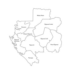  Vector isolated illustration of simplified administrative map of Gabon. Borders and names of the provinces (regions). Black line silhouettes