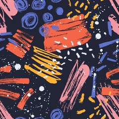 Poster - Contemporary seamless pattern with colorful paint stains, marks, spatter on black background. Backdrop with brush strokes. Modern decorative vector illustration in grunge style for textile print.