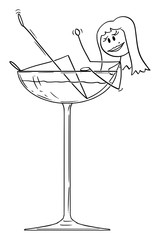 Poster - Vector cartoon stick figure drawing conceptual illustration of burlesque sexy seductive woman taking bath in big cocktail glass.