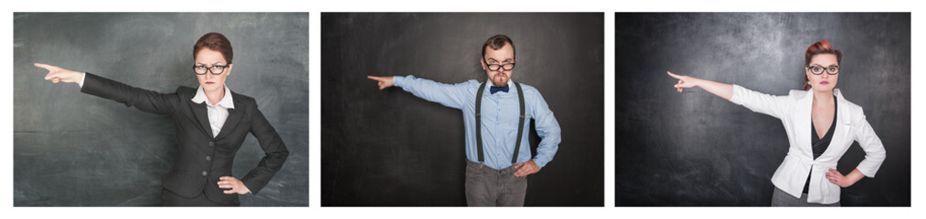 Wall Mural - Set of Strict teacher people in eyeglasses pointing out on blackboard