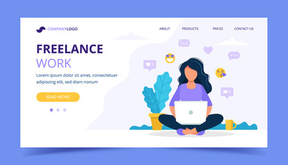 Aufkleber - Freelance work landing page template. Woman working with laptop in the park. Illustration for freelancing, remote work, business. Vector illustration in flat style