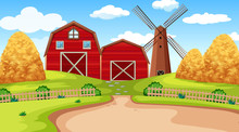 Farm Scene In Nature With Barn