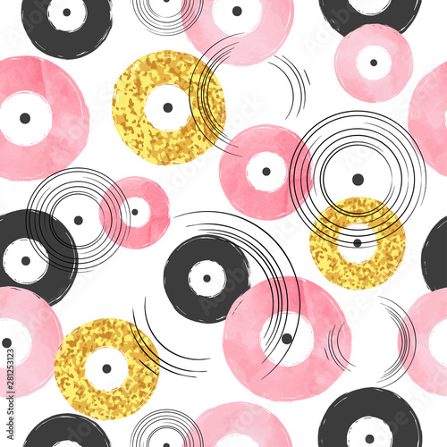 Seamless vinyl records pattern. Abstract musical background.
