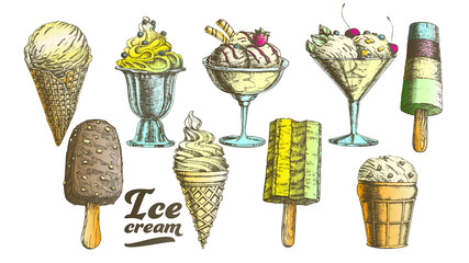 Wall Mural - Color Assortment Frozen Ice Cream Set Vintage Vector. Wafer Cone, Caramel Eskimo Or Chocolate Glaze Sundae With Nuts, Whipped Cream And Fruit Concept. Designed Template Illustrations