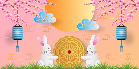 Wall Mural - Paper art of mid autumn festival greeting card, banner with cute rabbit, mooncake, light bulb and cherry blossom. Vector illustration