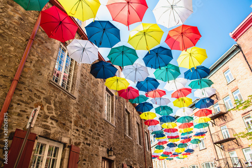 Fotografía Lot of Umbrellas in Petit Champlain street Quebec city