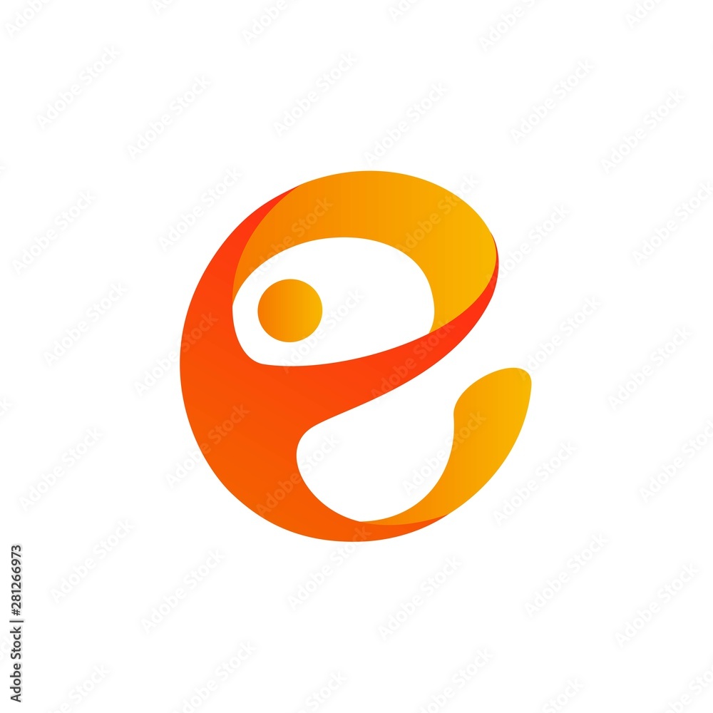 Initial letter E logo design with human shapes in yellow and orange ...
