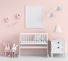 Blank Photo Frame For Mockup In Pink Child Room, 3D Rendering