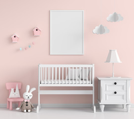 Blank photo frame for mockup in pink child room, 3D rendering