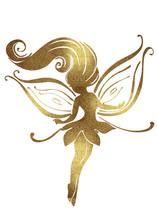 Watercolor And Golden Silhouettes Of Cute Fairies For Girls And Birthday