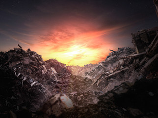 apocalypse rubble at sunset - illustration