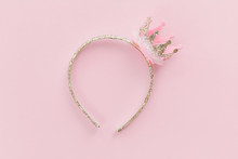 Pink And Golden Glitter Princess Crown Headband For Girls On Candy Pink Background. Festive Birthday Party Or Performance. Feminine Or Girlie Minimal Flat Lay With Copy Space