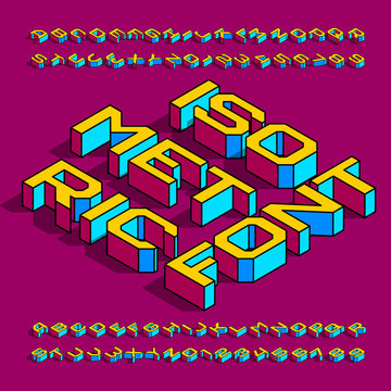 Isometric alphabet font. 3d effect simple geometric letters, numbers and symbols with shadow. Stock vector typescript for your typography design.