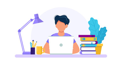 man with laptop, studying or working concept. table with books, lamp, coffee cup. vector illustratio