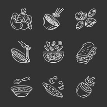 Restaurant Menu Dishes Chalk Icons Set. Salads, Soup, Main Dishes. Rice, Grilled Vegetables, Omelette, Pasta, Sandwich. Nutritious Food. Isolated Vector Chalkboard Illustrations