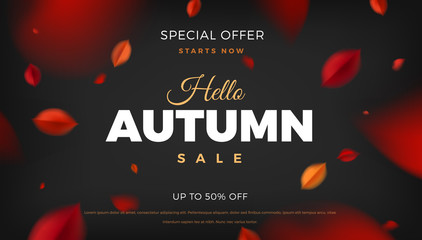 Canvas Print - Autumn sale background with red leaves, fall nature vector design elements layout template