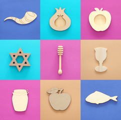 Wall Mural - Rosh hashanah (jewish New Year holiday) collage concept. Traditional symbols