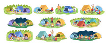 Camping Festival Flat Vector Illustrations Set. Happy Men And Women, Young Campers Cartoon Characters. Outdoor Picnic, Seasonal Nature Recreation. Summer Forest Rest Isolated On White Background
