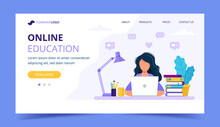 Online Education Landing Page With A Girl Studying With Computer. Vector Illustration In Flat Style