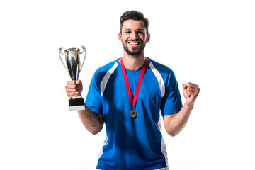 happy soccer player with trophy cup and medal Isolated On White