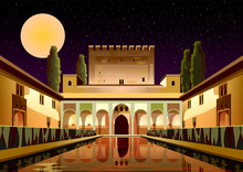 Courtyard Of The Myrtles In La Alhambra Palace By Night. Granada, Spain. Handmade Drawing Vector Illustration. Retro Travel Poster.