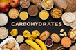 High fibre and carbohydrates healthy food with grains and text
