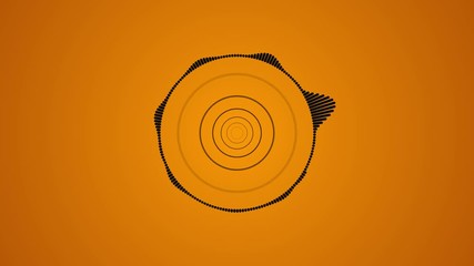 Poster - Abstract circular spinning spectral wave design, black vibrations on orange background, seamless loop. Animation. Abstract visualization of music beat.