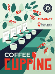 Wall Mural - Vector illustration with several cups of brewed and ground coffee on the table. Branches of coffee tree with leaves and berry. Poster for cafe announcing tasting event. Template for banner, placard.