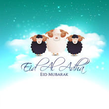 Vector Illustration. Muslim Holiday Eid Al-Adha. The Sacrifice A Ram Or White And Black Sheep. Graphic Design Decoration Kurban Bayrami. Month Lamb And A Lamp.Translation From Arabic: Eid Al-Adha