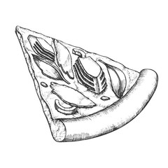 Wall Mural - Delicious Freshness Slice Pizza Hand Drawn Vector. Cooked Slice Cheese Pizza With Ingredients Jamon And Artichoke, Basil Leaves And Olive Concept. Designed Pizzeria Food Monochrome Illustration