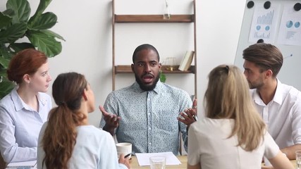 Wall Mural - African employee takes part group discussion produce ideas solving problems