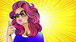 © innakos - You. Sexy surprised girl with red and curly hair. Open mouth with pink chewing gum. Vector colorful yellow background illustration in pop art retro comic style. Woman with speech bubble. hand gesture.