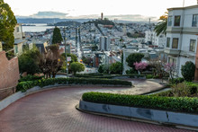 Crooked Lombard Street At  Dawn. San Francisco Is In Early Morning Light.