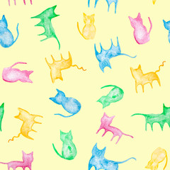  Cute colorful cats watercolor painting - hand drawn seamless pattern on yellow background