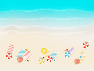 Aufkleber - Sandy beach with different accessories. Top view