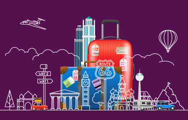 Poster - Travel concept. Vector illustration with famous sights and accessories