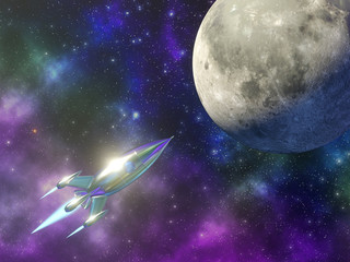 Poster - Space rocket flies to the moon on the background of a beautiful starry sky. Multicolored space nebula. 3D rendering.