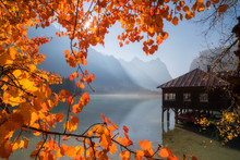 Colorful Autumn Season With Morning Fog And Red Leaves At Lake Dobbiaco, Dolomites