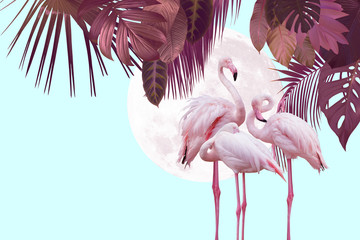 moon and flamingo background design with tropical leaves, can be used as background, wallpaper