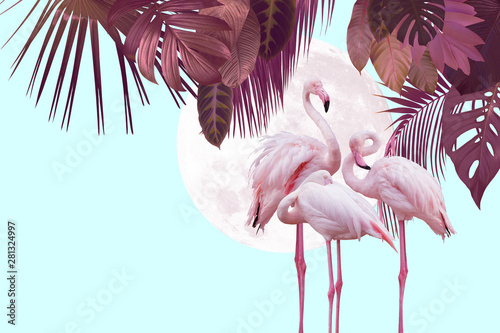 Fototapety Flamingi  ksiezyc-i-projekt-tla-flamingo-z-tropikalnymi-liscmi-moze-sluzyc-jako-tlo-wallp