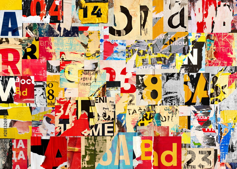 Photo Collage of many numbers and letters ripped torn advertisement street posters gru