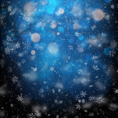 Wall Mural - Christmas template with white blurred and clear snowflakes on dark blue background. EPS 10