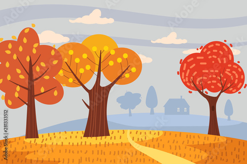 Dekoracja na wymiar  jesienny-krajobraz-drzewa-zolty-czerwony-pomaranczowy-kolor-lisci-lesna-jesien