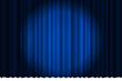Closed silky luxury blue curtain stage background spotlight beam illuminated. Theatrical drapes. Vector gradient eps illustration