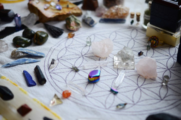 Wall Mural - Meditation Grid Kit. Quartz Tower, Natural Citrine, Quartz Points. Variety of colorful crystals on textured background. Healing Crystal Bundle Alter set, Wiccan Witchcraft, Crystal Healing Decor