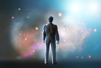 Wall Mural - man stands watching with wonder the universe and amazement galaxy fill the night sky 3d render
